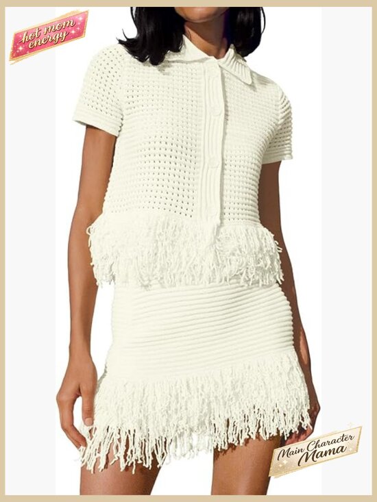 Other - Crochet Button Sweater Fringe Skirt Set Summer Vacation Beach Cover Up